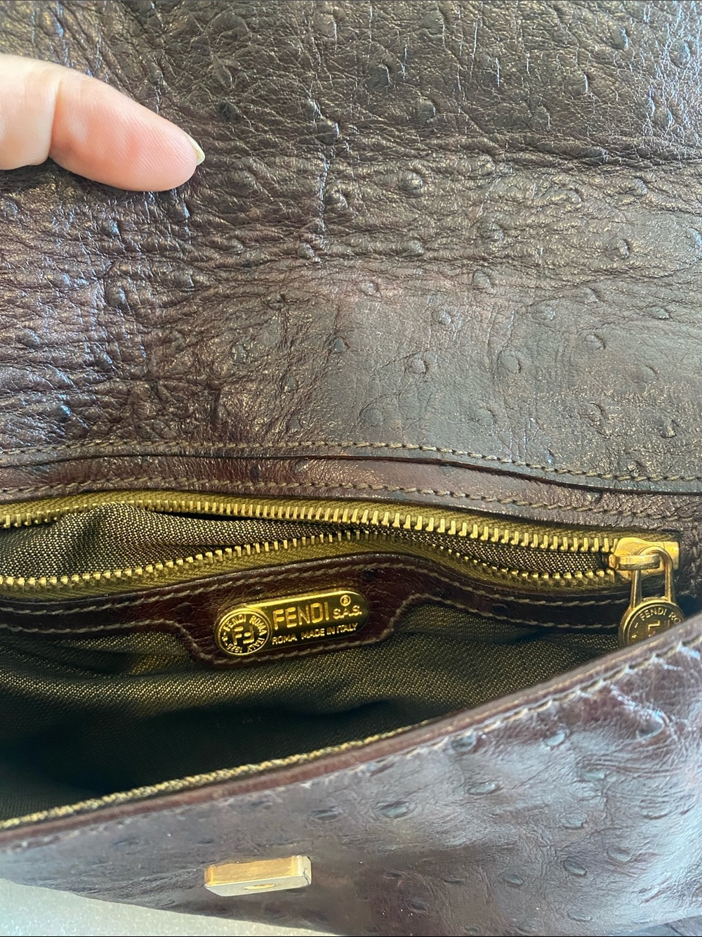 Fendi Dark Brown Leather/Ostrich Crossbody with Gold Hardware Vintage